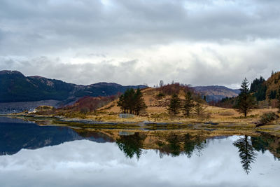 Scenic view of lake and mountains against sky