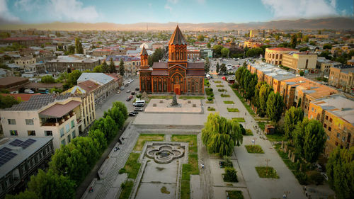 High angle view of buildings in city