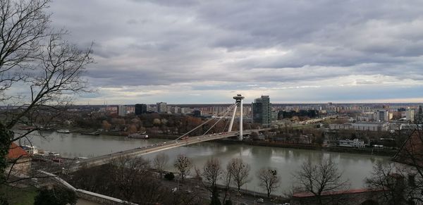 Bridge over river by buildings in city against sky