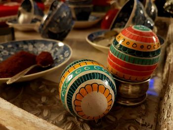 Close-up of multi colored pencils on table
