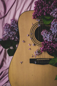 High angle view of purple flower on table