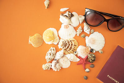 Directly above shot of seashells and sunglasses with passport on table