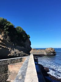 Scenic view of sea against clear blue sky