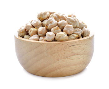 Close-up of bread in bowl against white background