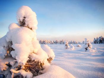 Scenic view of snow covered landscape against clear sky