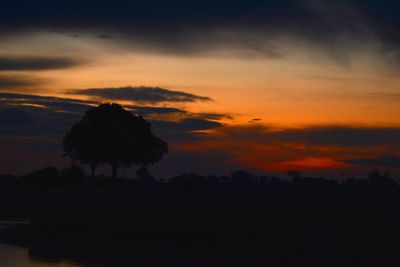 Silhouette trees on field against romantic sky at sunset