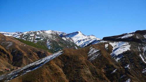 Low angle view of snowcapped mountains against clear blue sky