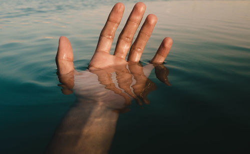 High angle view of hand on water