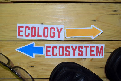 Close-up of information sign on table