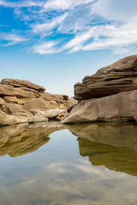 Rock formation by lake against sky