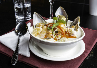 Close-up of food served on table