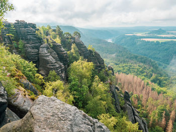 Beautiful rocky park from top of the schrammsteine rocks vantage point above bad schandau,  germany