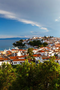 View of the old harbour on skiathos island and euboea in the distance.
