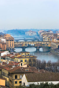 High angle view of townscape by river against sky