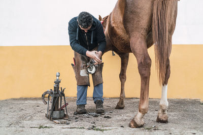 Full body man in apron attaching horseshoe to hoof of brown horse outside stable on sunny day on ranch