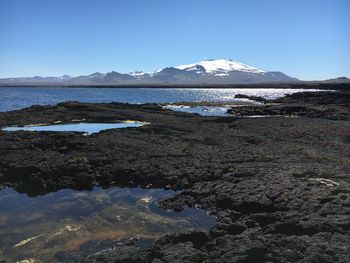 Scenic view of sea against clear blue sky