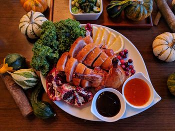 High angle view of meal served on table