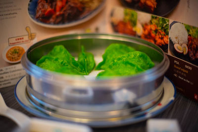 High angle view of tea in bowl on table