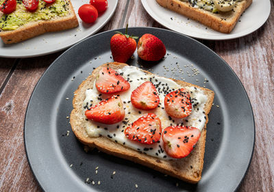 High angle view of breakfast served in plate on table