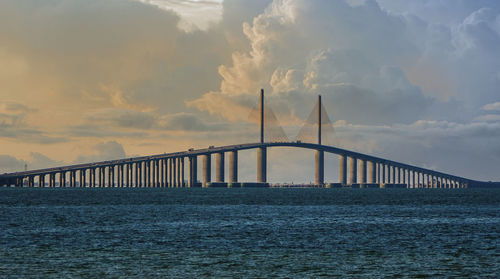 Bridge over sea against sky during sunset