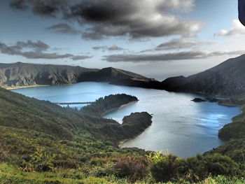 Scenic view of lake against cloudy sky