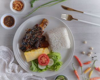 High angle view of food in plate on table