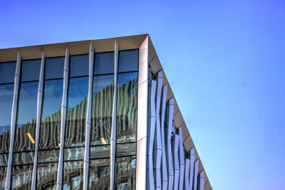 Low angle view of staircase against clear blue sky