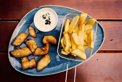 High angle view of food in plate on table