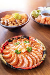 High angle view of salad in bowl on table