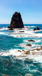 Scenic view of rocks in sea against sky