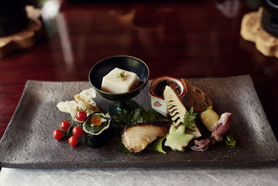 High angle view of food served on table