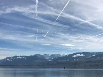 Scenic view of lake and mountains against sky