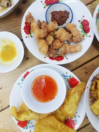 High angle view of breakfast served on table