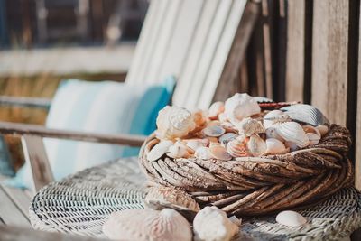 Close-up of seashells on basket