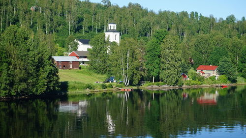 Scenic view of lake by trees and buildings