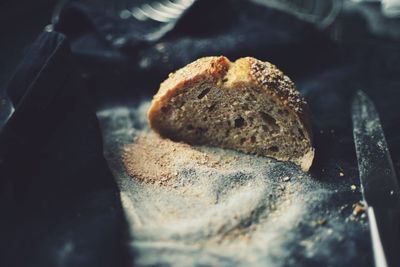 High angle view of sourdough bread on table