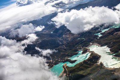 Aerial view of lake and mountains