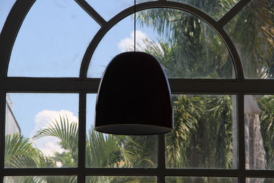 Low angle view of trees against sky seen through window