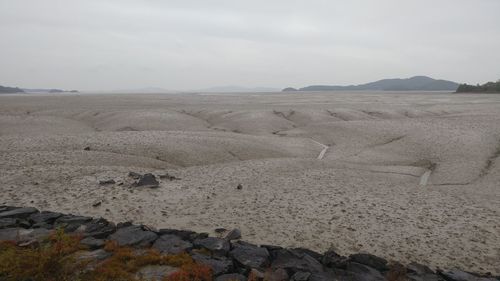 Scenic view of beach against cloudy sky