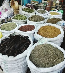 High angle view of multi colored candies for sale at market stall