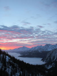 Scenic view of snowcapped mountains against sky during sunset