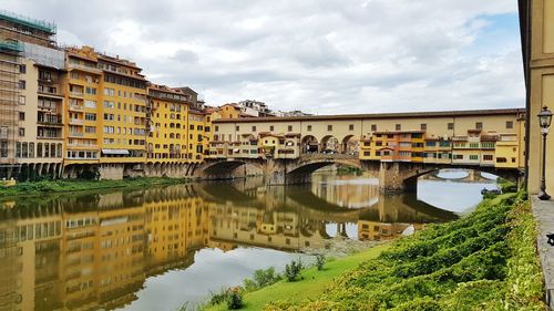 Bridge over river with buildings in background