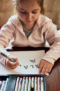 Close-up of girl drawing at home