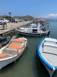 High angle view of boats moored in harbor