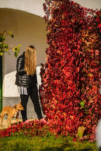 Low section of woman with dog on plant during autumn