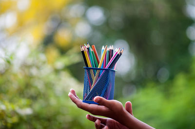 Close-up of hands holding wire mesh with multi colored pencils