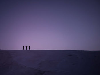 Silhouette people on shore against sky during sunset