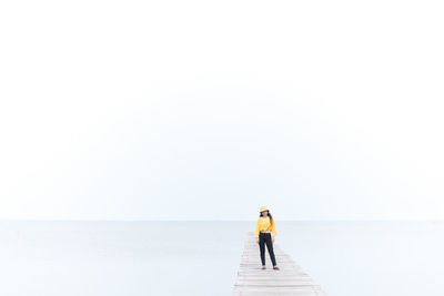 Rear view of woman standing on sea against clear sky