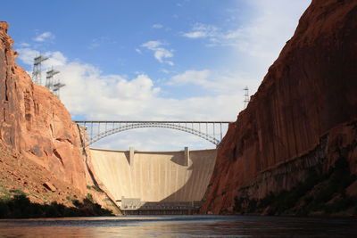 Arch bridge by hoover dam against sky