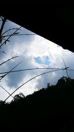 Low angle view of electricity pylon against cloudy sky